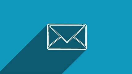 Poster - White line envelope icon with shadow isolated on blue background. Shadow reflection design. 4K video motion graphic animation.