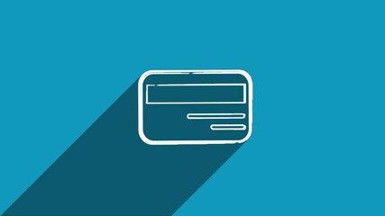 Poster - White line credit card icon with shadow isolated on blue background. Shadow reflection design. 4K video motion graphic animation.