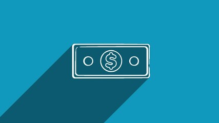Poster - White line banknote dollar icon with shadow isolated on blue background. Shadow reflection design. 4K video motion graphic animation.