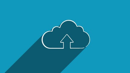 Aufkleber - White line cloud upload icon with shadow isolated on blue background. Shadow reflection design. 4K video motion graphic animation.