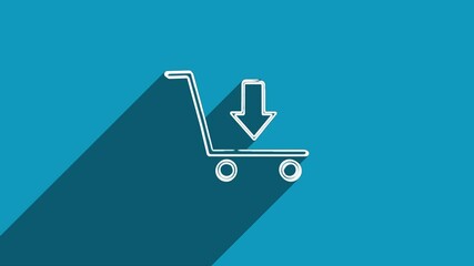 Fototapete - White line shopping cart icon with shadow isolated on blue background. Shadow reflection design. 4K video motion graphic animation.