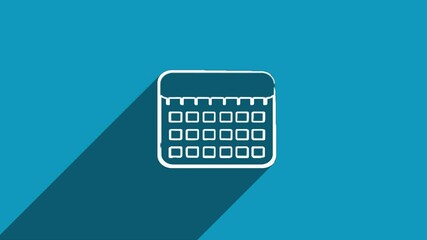 Aufkleber - White line calendar icon with shadow isolated on blue background. Shadow reflection design. 4K video motion graphic animation.