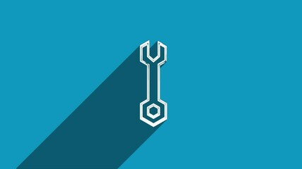 Aufkleber - White line wrench icon with shadow isolated on blue background. Shadow reflection design. 4K video motion graphic animation.