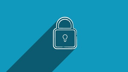 Aufkleber - White line padlock icon with shadow isolated on blue background. Shadow reflection design. 4K video motion graphic animation.