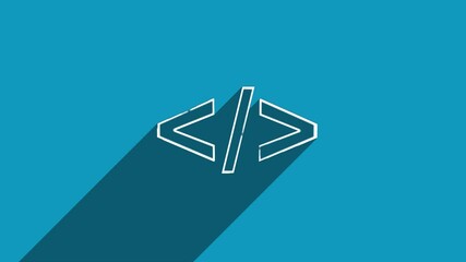 Fototapete - White line coding code html programming language icon with shadow isolated on blue background. Shadow reflection design. 4K video motion graphic animation.