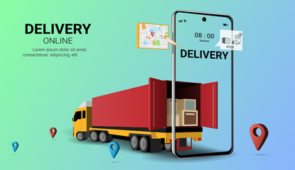 Wall Mural - Online delivery service on mobile by truck, Delivery home and office, Online order. Logistics. Truck, warehouse and parcel box. Delivery concept. 3D Perspective Vector illustration