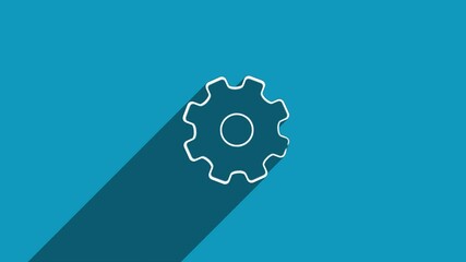 Aufkleber - White line gear wheel icon with shadow isolated on blue background. Shadow reflection design. 4K video motion graphic animation.