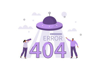 
Characters looking at 404 error problem message. Page not found concept. Flat cartoon vector illustration.