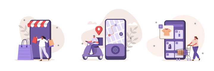 Wall Mural - Online buying and delivery scenes. Courier on scooter delivering parcel box, customer ordering online in mobile app. Ecommerce and logistic concept. Flat cartoon vector illustration and icons set.