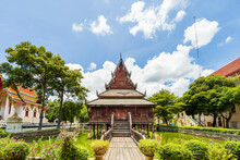 Beautiful Of Tripitaka Storage Tower.Thai Wooden Temple Architecture In The Middle Of The Pond At Wat Thung Si Muang In Ubon Ratchathani Province, Thailand, ASIA.
