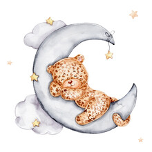 Cartoon Leopard Cub Sleeping On The Moon; Watercolor Hand Drawn Illustration; With White Isolated Background