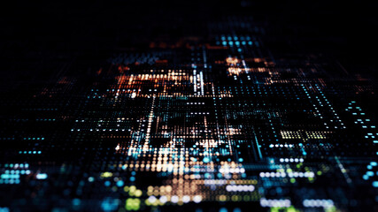 Poster - Printed circuit board futuristic server/3d illustration. Code processing in circuit board abstract server. Data moves in the form of moving lines and dots.