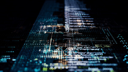 Aufkleber - Printed circuit board futuristic server/3d illustration. Html Code processing in circuit board abstract server. Data moves in the form of  dots and moving lines. 