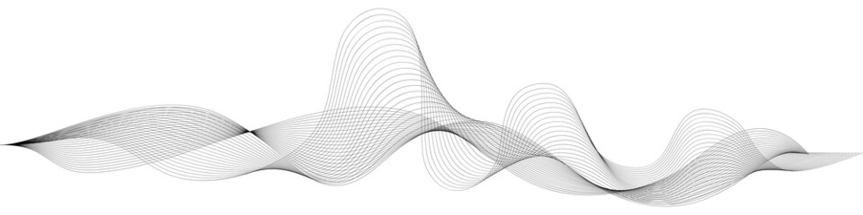 Undulate gray wave swirl. frequency soundwave;  twisted curve lines with blend effect. Technology, data science, geometric border pattern.Isolated on white background. Vector illustration