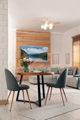 Wall Mural - Modern wide screen TV on wall in room with stylish furniture