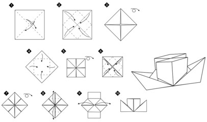 Poster - Origami two-pipe paper steamer.  Monochrome black and white vector illustration.Do-it-yourself  ship simple  tutorial. 