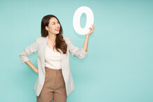 Young Beautiful Asian Businesswoman Showing Number 0 Or Zero Isolated On Green Background