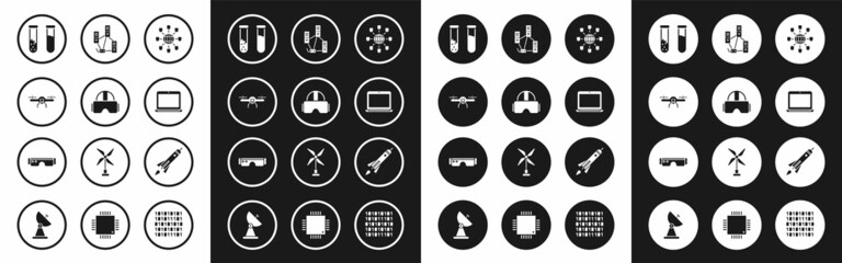 Sticker - Set Social network, Virtual reality glasses, Drone flying, Test tube and flask, Laptop, Computer, Rocket ship with fire and Smart icon. Vector