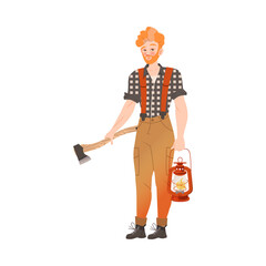 Canvas Print - Redhead Bearded Woodman or Lumberman in Checkered Shirt and Sling Pants Standing with Ax and Lantern Vector Illustration