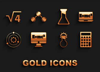 Set Equation solution, Calculator, Test tube and flask, Solar system, Square root of 4 glyph and Molecule icon. Vector