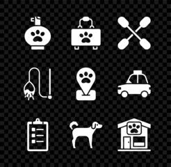 Poster - Set Pet shampoo, first aid kit, Cotton swab for ears, Grooming salon price list, Dog, grooming, cat toy and Location pet icon. Vector