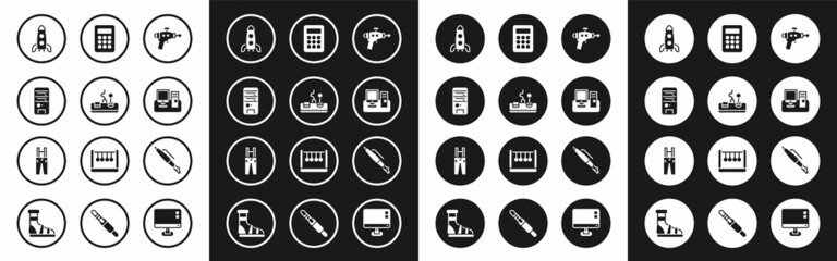 Sticker - Set Ray gun, Gamepad, Computer, Rocket ship, Monitor with keyboard, Calculator, Fountain pen nib and Pants suspenders icon. Vector