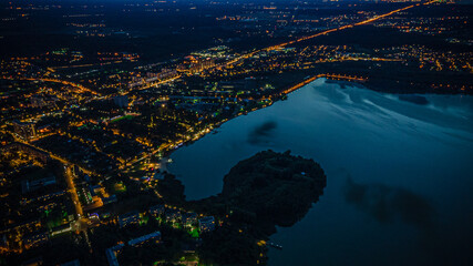 photos of the city of Solnechnogorsk at night.Senezhskoye Lake