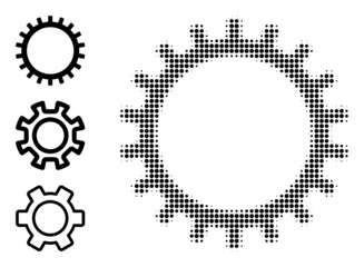 Wall Mural - Halftone gear. Dotted gear constructed with small circle dots. Vector illustration of gear icon on a white background. Halftone pattern contains circle pixels.