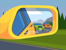 Rear view mirror. Car reflection side driving symbols outdoor vehicle safety mirror garish vector illustration in flat style