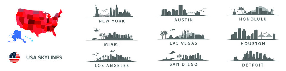 Wall Mural - Collection of american skylines, big cities in USA, New York, Los Angeles, Detroit, San Diego, Honolulu, Houston, Austin