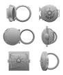 Round bank doors. Closed and open different types of steel door for bank handle valves treasures protection decent vector realistic pictures set isolated