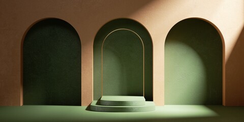 3d render. Abstract geometric background. Modern minimal showcase scene for product presentation. Moroccan gallery terracotta wall with empty green arch niches