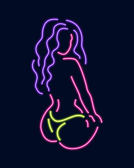 Neon silhouette of girl isolated on dark background.