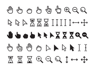 Pointer cursor icon. Sign pointers, computer web hand and arrows. Click mouse symbols, black search, select and grabbing tidy vector collection
