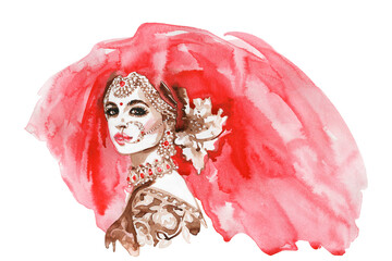 Watercolor Indian traditional bride with red sari and earrings. Hand drawn female portrait. Painting fashion illustration on white background.
