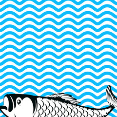 Poster - Fish and blue waves of water, fishing and sea food banner