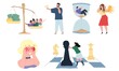 Set of flat cartoon characters in life attitude scenes depicted by metaphors- self-conceit problem,wearing pink glasses,time pressure,life values,decisions making concept,web site banner design
