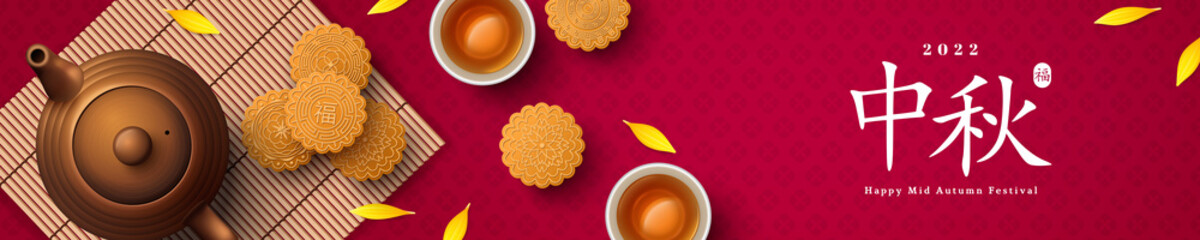 Mooncake on bamboo mat and teacup on red background, Chinese translation is blessing and Mid Autumn. Top view of tea ceremony with cookies, China holiday festival poster design.