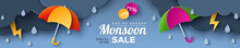 Monsoon Sale Offer Banner Template With Paper Cut Clouds And Colorful Umbrella On Blue Background. Vector Illustration. Place For Text. Overcast Sky With Rain, Thunderstorm, Thunder And Lightning.