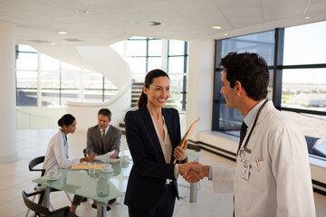 Wall Mural - Doctor and businesswoman handshaking in meeting