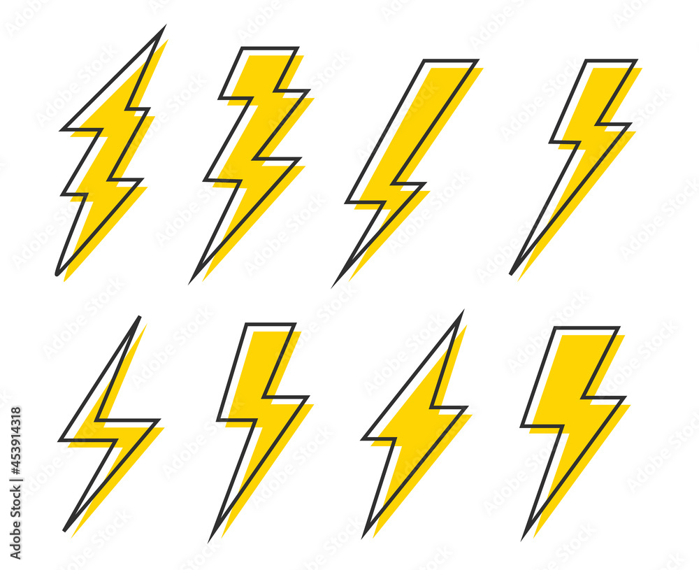 Set lightning bolt icons, Thunderbolt flat style, yellow flash thunder ...