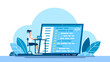 © Yurii - Concept of script coding and programming. JavaScript, PHP, Python, HTML, other languages. Programmer working on web development on the laptop. Software developers. Flat vector cartoon illustration.