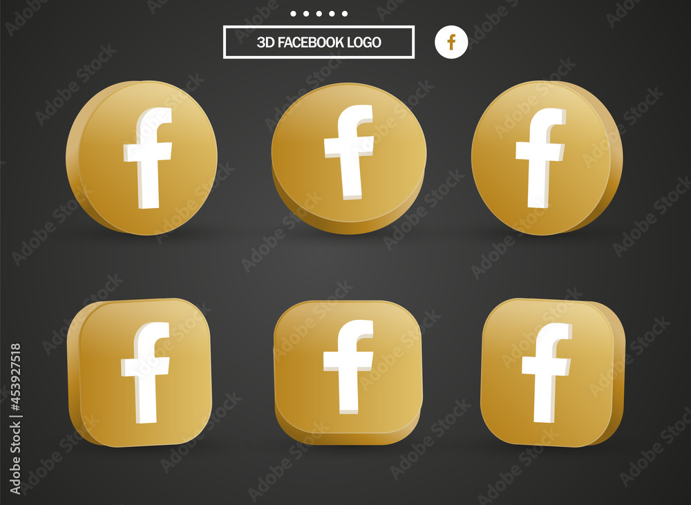 3d facebook logo in modern golden circle, square for popular social ...