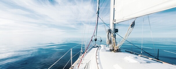 White sloop rigged yacht sailing in an open Baltic sea on a clear sunny day. A view from the deck to the bow, mast and sails. Estonia