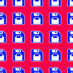 Poster - Blue Floppy disk for computer data storage icon isolated seamless pattern on red background. Diskette sign. Vector