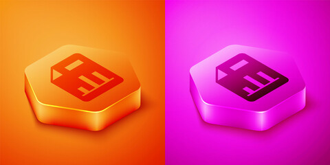 Poster - Isometric Document with graph chart icon isolated on orange and pink background. Report text file icon. Accounting sign. Audit, analysis, planning. Hexagon button. Vector