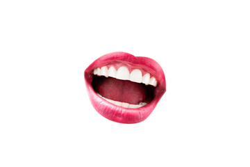 open female mouth with red lips and white teeth painted with lipstick, isolated on white