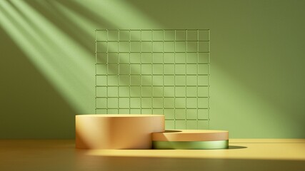 Poster - 3d render. minimal abstract geometric background with direct sunlight in shades of green and yellow.