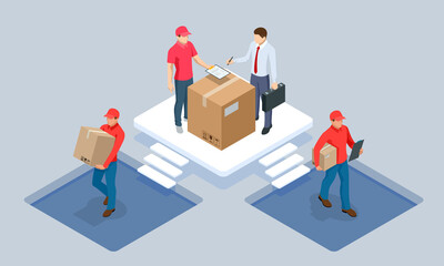 Wall Mural - Global logistics network isometric illustration. Isometric Logistics and Delivery concept. Delivery home and office. City logistics. Warehouse, truck, forklift, courier. On-time delivery