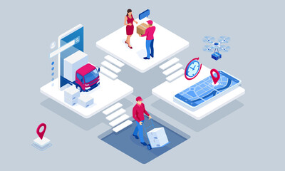 Wall Mural - Global logistics network isometric illustration. Isometric Logistics and Delivery concept. Delivery home and office. City logistics. Warehouse, truck, forklift, courier. On-time delivery